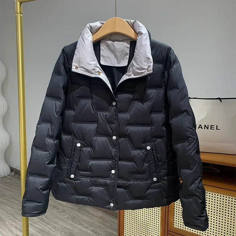 

Versatile 2023 New Autumn Winter Stand Collar Lightweight Pressed Adhesive Puffer Jacket Women Warmth Loose Duck Down Short Coat