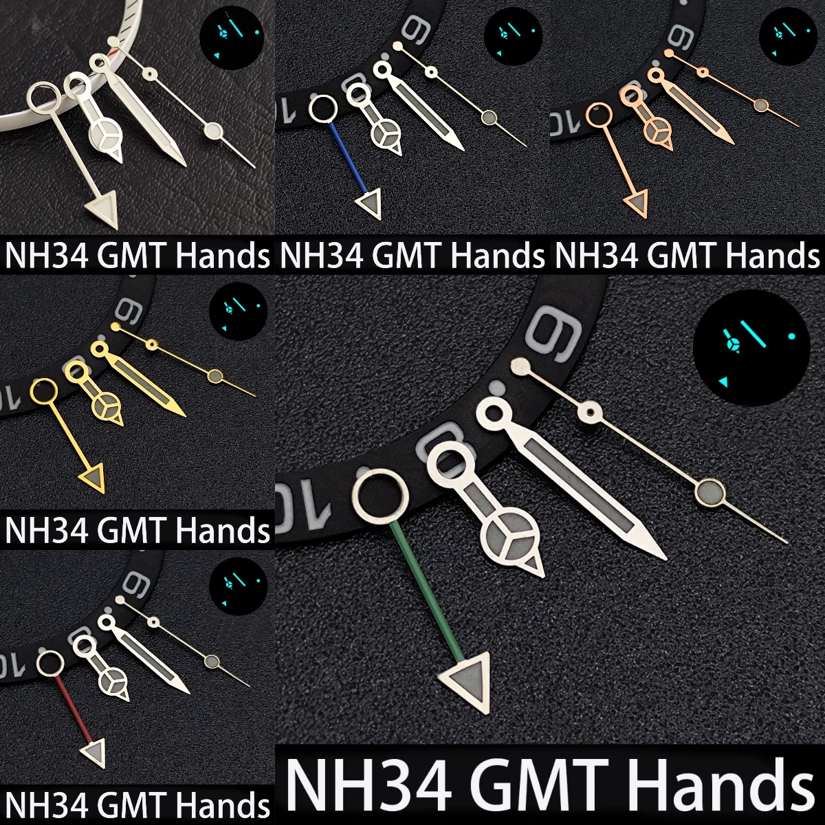 Фото Новые стрелки для часов NH34, сине-зеленые, светящиеся, указатель GMT, подходят для автоматических механизмов NH34 и NH35, запчасти для мужских часов. №1