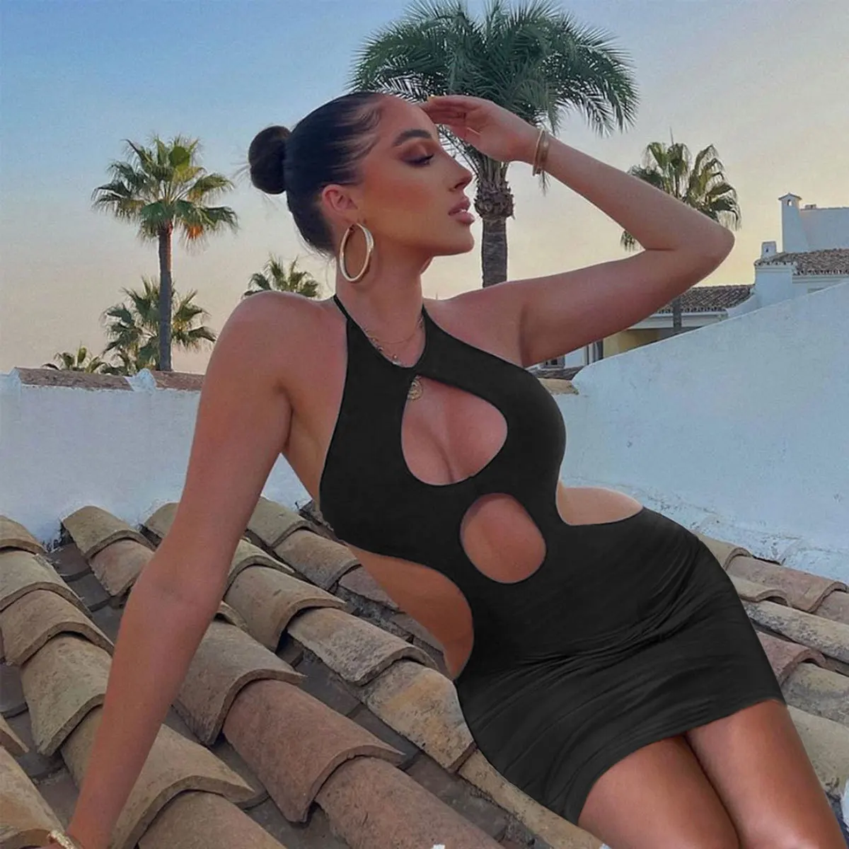 

New Fashion Halter Bodycon Summer Spaghetti Dress Women 2022 Sexy Hollow Out Solid Bandage Dress Elegant Party Dress Vestido