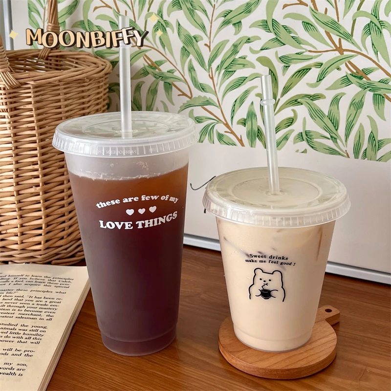 

Cute Water Bottle For Coffee Juice Milk Tea Kawaii Plastic Cold Cups With Lid Straw Portable Reusable Drinking Bottle BPA Free