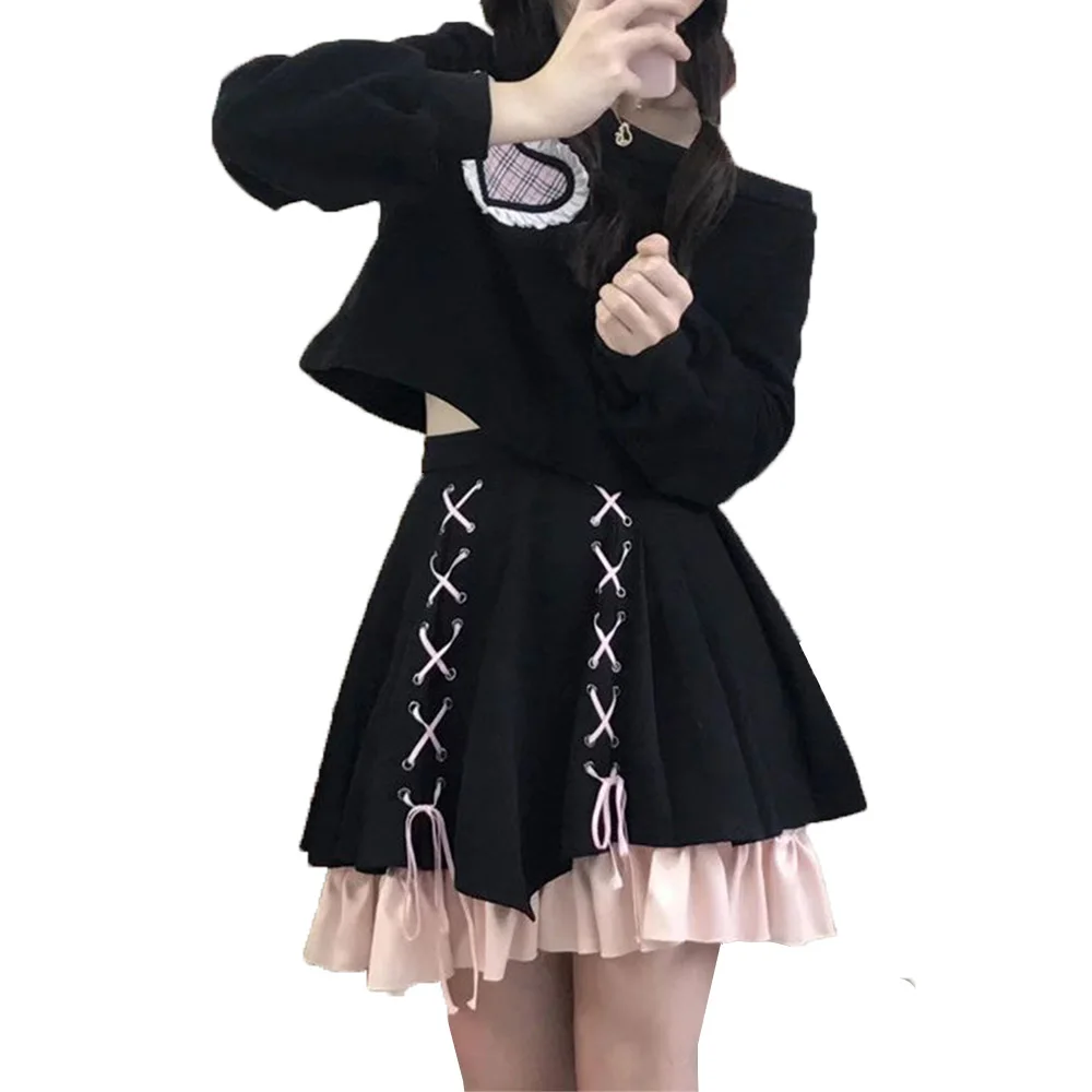 

Sweet Lolita Outfits Set for Women Long Sleeve Heart Shaped Front Ruffle Hoodie Tops Tie Short Black Skirt