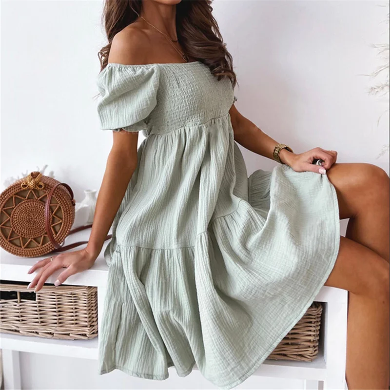 

Summer Sexy Off Shoulder Slash Neck Loose Mini Dresses for Women 2022 Fashion Ruffles Folds Ladies Sweet Style Party Dress