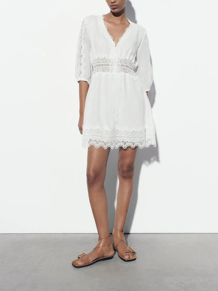 

Женское льняное платье с V-образным вырезом, коротким рукавом