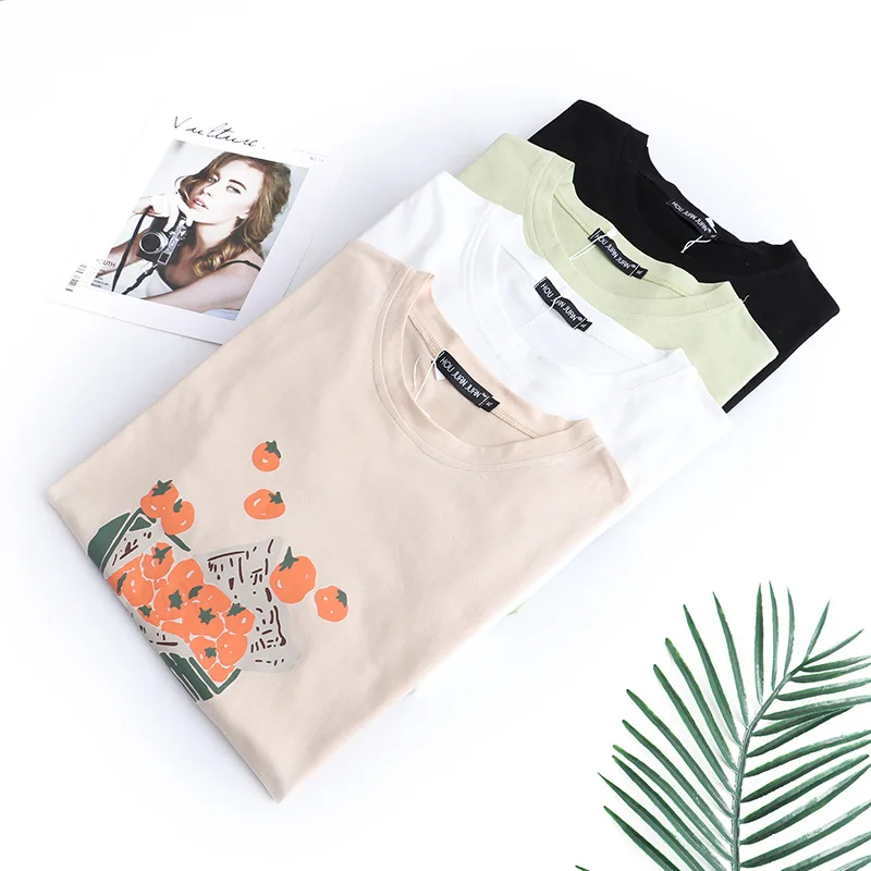 4XL Plus Size T-Shirt Women 2023 Spring Summer Cotton Printed Persimmon Tops Loose Short Sleeve O-Neck Tees Curve Clothes