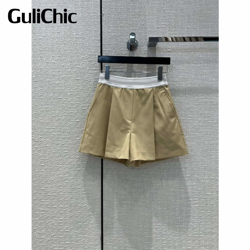 

7.5 GuliChic Women Fashion Letter High Waist Pleated Contrast Color Casual Shorts