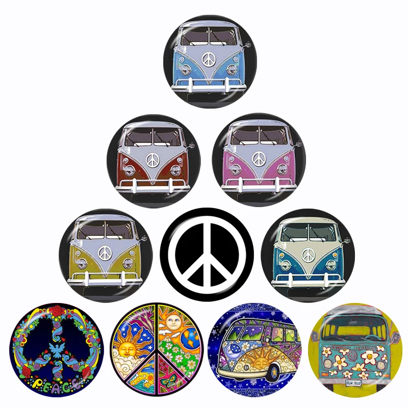 

Hippie Peace Sign Van Bus 10pcs 12mm/16mm/18mm/20mm/25mm/30mm Round Photo Glass Cabochon Demo Flat Back Making Findings