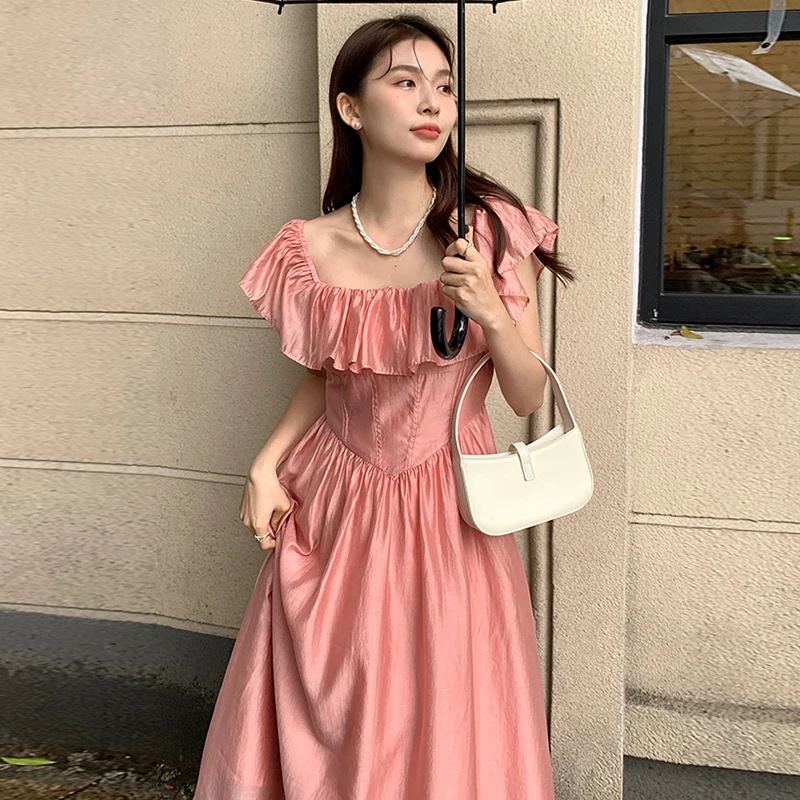 

Clothland Women Sweet Ruffled Chiffon Dress Square Collar Short Sleeve High Waist Cute Summer Midi Dresses Vestido Mujer QC160