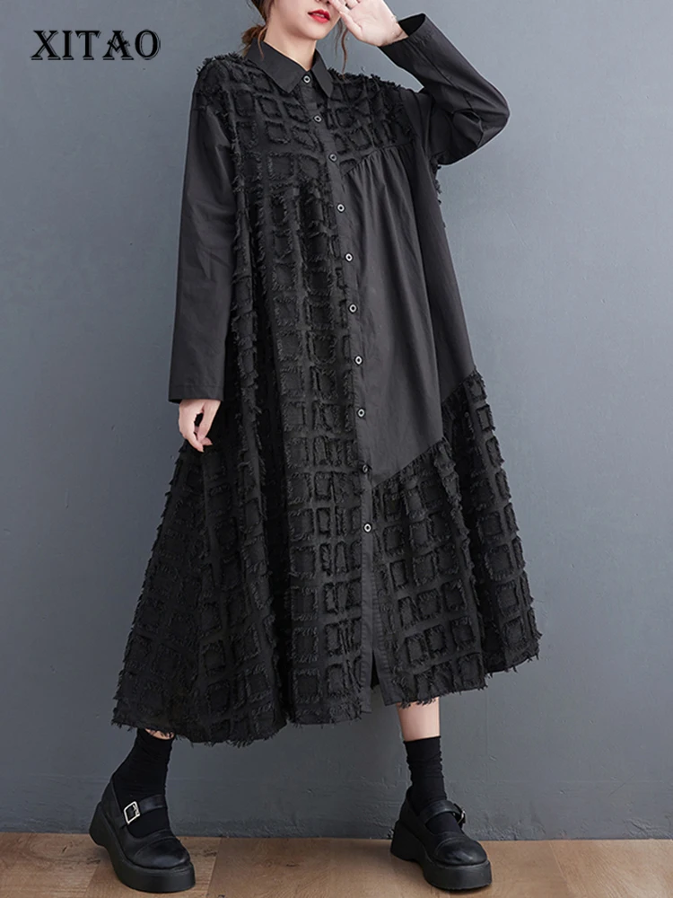 

XITAO асимметричное короткое платье-рубашка с кисточками, черное свободное модное женское платье с длинным рукавом и отложным воротником, Осеннее новое платье HQQ1232