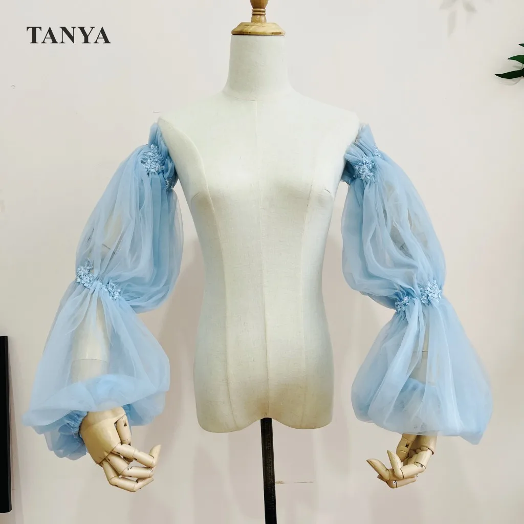 

Пыльный Синий Тюль Съемные рукава для свадебной вечеринки выпускного вечера Кружева Аппликации жемчужные пышные Иллюзия Элегантные Перчатки Без Пальцев