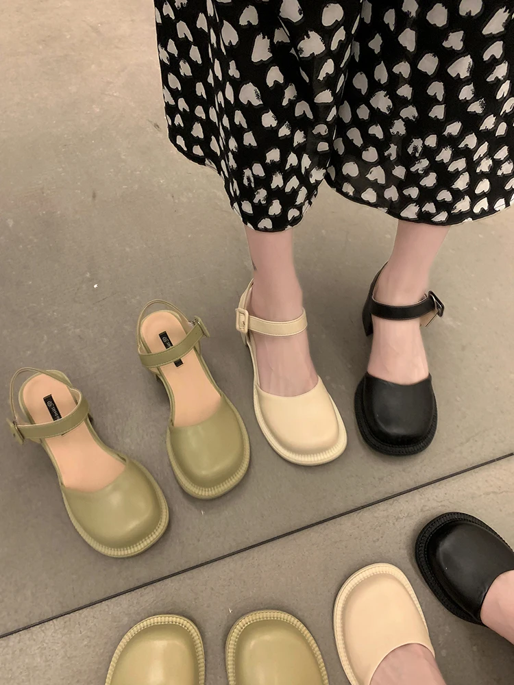 

Round Toe Block Heels Beige Heeled Sandals Female Shoe All-Match Anti-Skid 2022 Women's Shallow Mouth Chunky Black Girls Spring
