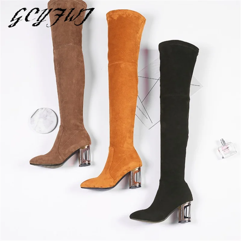 

Autumn Winter Strange Heels Long Over The Knee Boots Women 2022 Stretch Boot Flock Pointed Toe Black Yellow Plus Botas De Muje