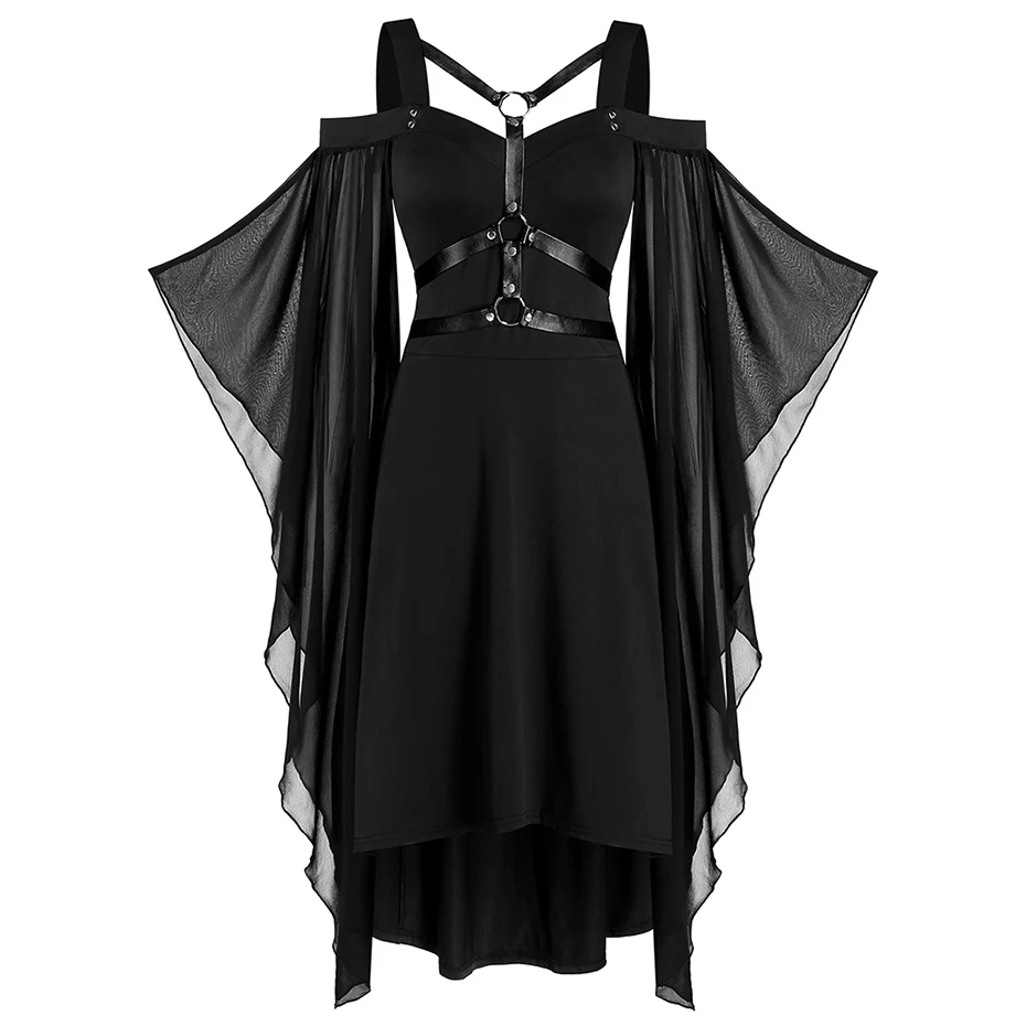 

Plus Size Chiffon Batwing Sleeve Lace-Up Harness Insert High Low Dress Cold Shoulder Gothic Casual Female Dress Black Vestidos