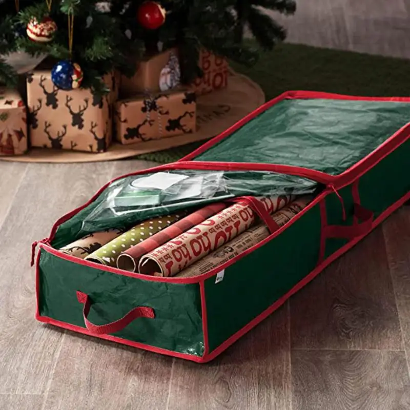 

Christmas Gift Storage Bag Under Bed Wrapping Paper Decoration Bows Pendant Store Container With Two Pockets Festival Storage