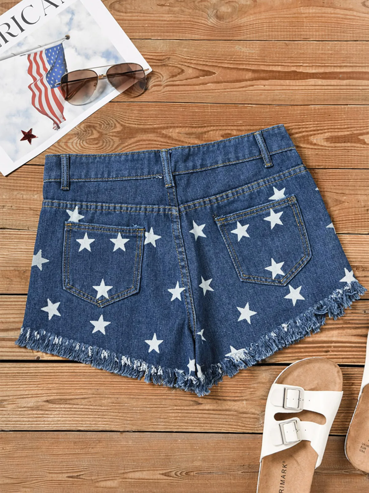 Women Star Tassel Pocket Button Ripped Slit Denim Shorts Casual Homewear Pants Bottoms Female Trousers Ladies Exercise Shorts