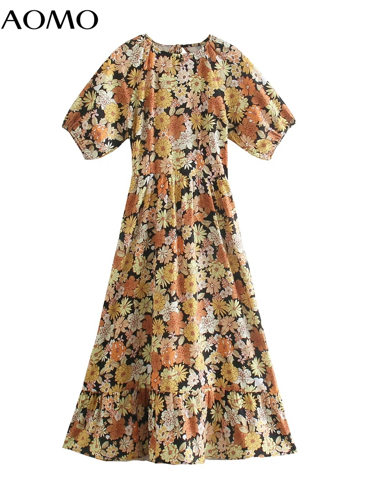 

AOMO 2022 Summer Women Yellow Flowers Print Backless Long Dress Puff Short Sleeve Ladies Beach Dress 1F86A