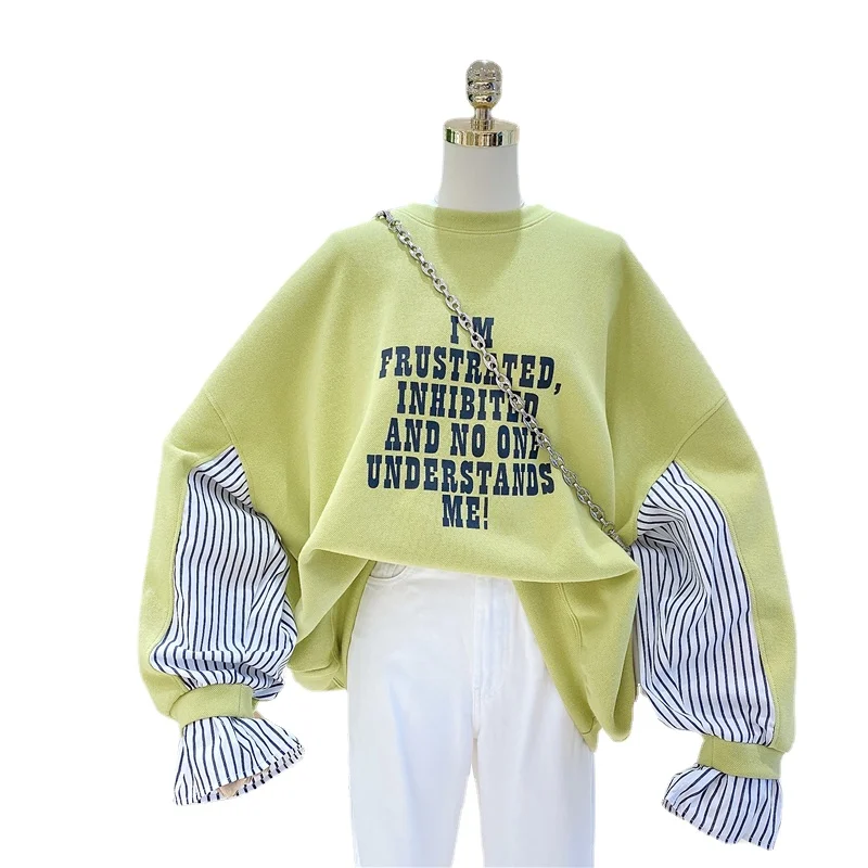 

Loose Oversized Thin Spring Autumn Striped Fake 2 Women Sweatshirt Woman Jumper Tops