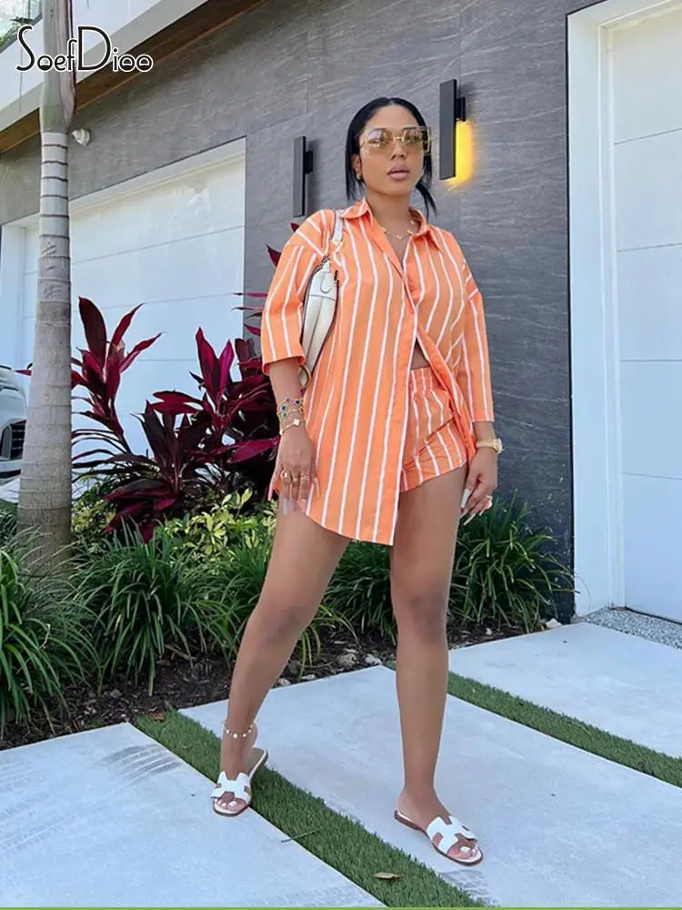 

Soefdioo Striped Print Women's Set Half Sleeve Shirts and Shorts Suits 2023 Casual Street Party Two Piece Set Outfits Tracksuits