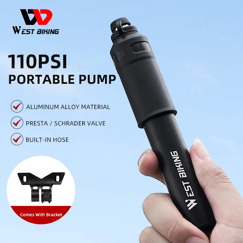 

WEST BIKING Mini Bicycle Pump 110PSI Portable Presta Schrader Valve Inflator Built In Hose Aluminum Alloy Bike Tire Hand Pump