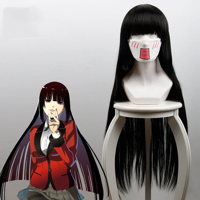 

Парик для косплея аниме Kakegurui Jabami Yumeko, черные прямые волосы, плоская челка, 100 см, искусственные волосы, искусственный волос + шапочка для пари...
