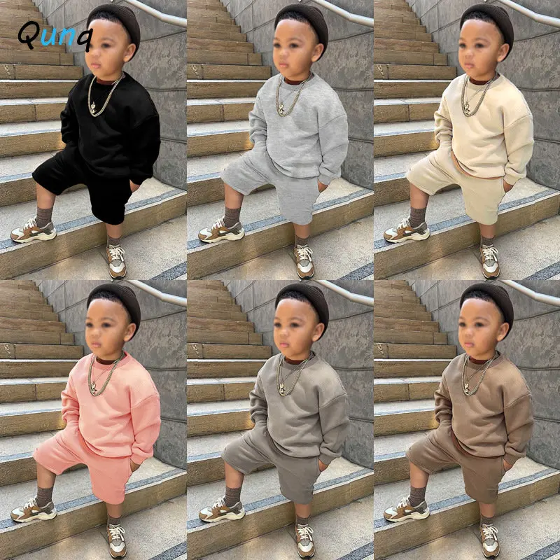 

Qunq Autumn&Winter Boys and Girls Korean Solid Long Sleeve Top+Shorts 2 Pieces Set Fashion Casual Sporty Kids Clouthes Age 3T-8T