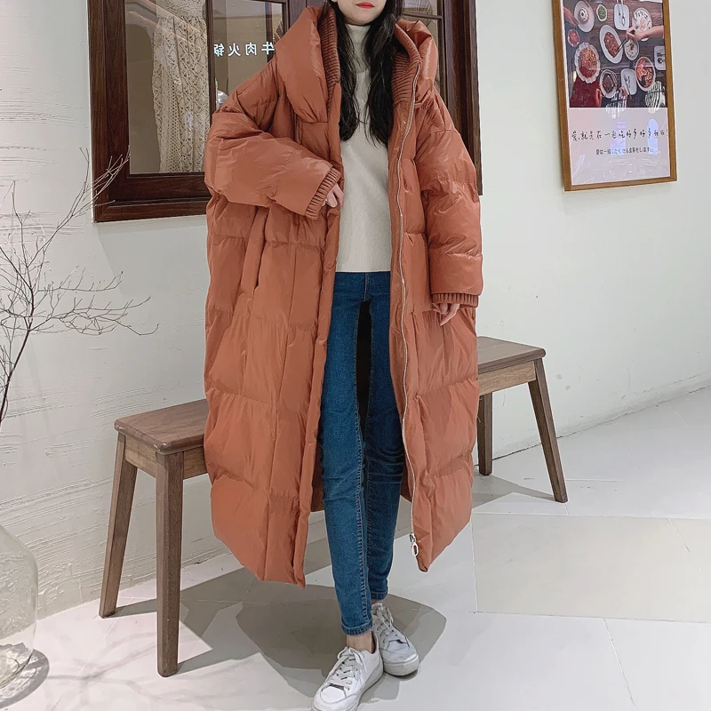 2022 Winter Hooded Puffer jacket Warm Women's brown Oversize cotton padded long coat Maxi Outwear Female snow wear INKEO 2O081