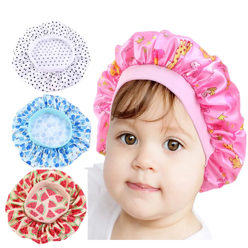 

Cartoom Kids Satin Sleeping Cap Cute Pattern Children Adjustable Wide-brimmed Elastic Bonnet Shampoo Hat Girl Boy Hair Care