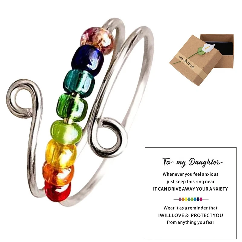 

Drive Away Your Anxiety Rainbow Beads Fidget Ring,Adjustable Anxiety Ring For Daughter,Ring With Beads Spinner Ring