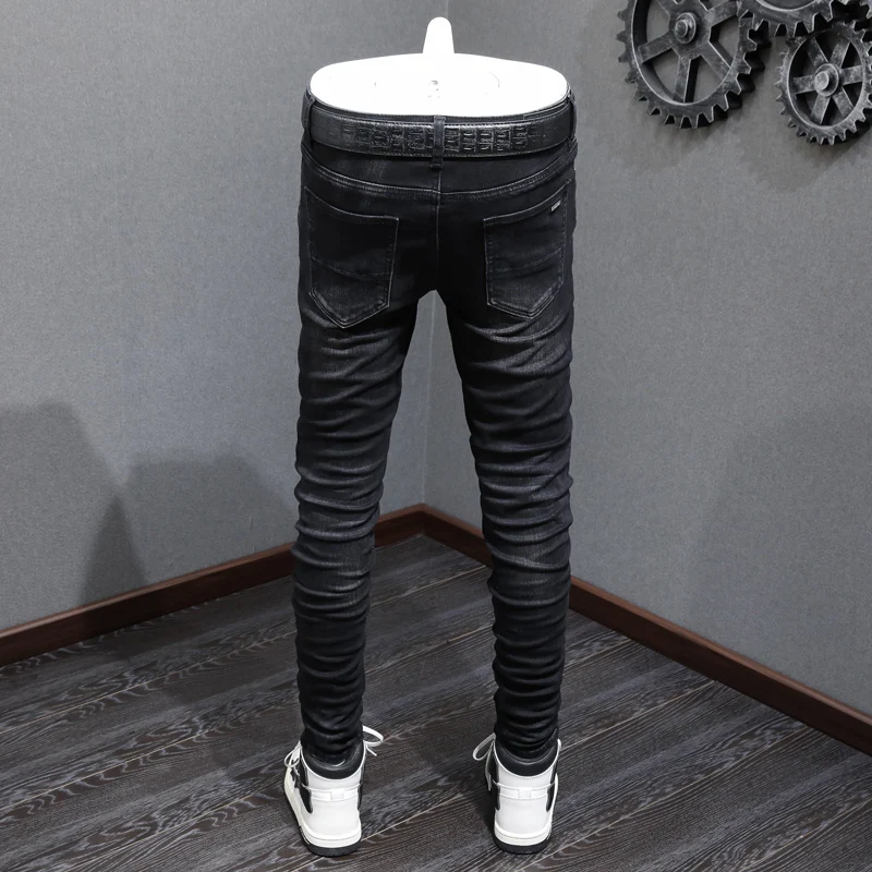 High Street Fashion Men Jeans Retro Black Gray Stretch Skinny Ripped Jeans Men Red Patched Designer Hip Hop Brand Pants Hombre