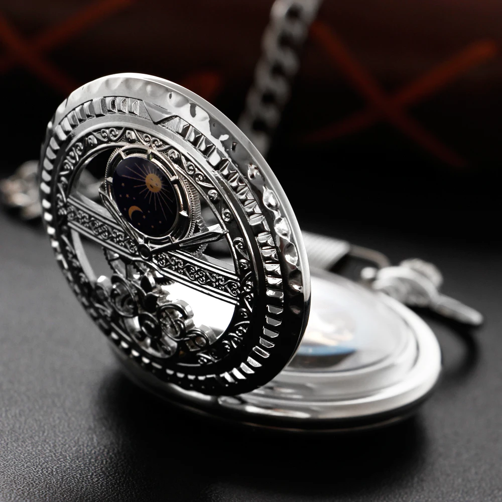 Single-Opening Moon Phase Hollow Skeleton Mechanical Pocket Watch Men's Fob Chain Fake Flywheel Steel Sculpture Women's Gift