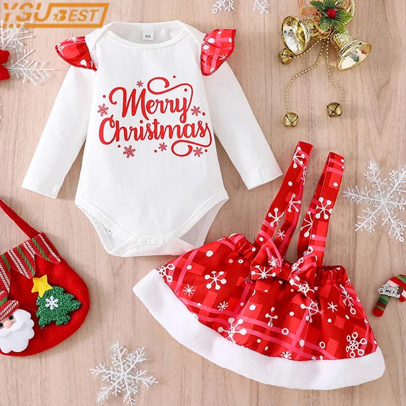 

2022 Рождественский комплект Todler для маленьких девочек, комбинезон с длинными рукавами + юбка, костюм с принтом для маленьких девочек, европей...