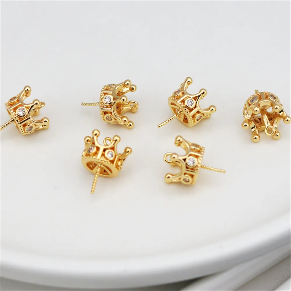 

14K gold wrapped color preserving inlaid zircon crown needle 9mm pendant pearl jade half hole DIY handmade jewelry