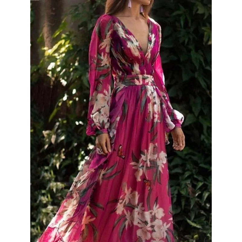 

Autumn Women Floral Print Boho Party Dress Y2K Clothes INS Sexy Fashion Long Sleeve V Neck Vacation Corset Floor Length Dress