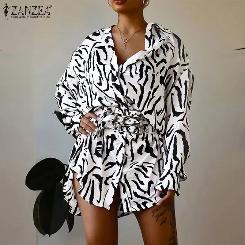 

Fashion Holiday Long Sleeve Blouse Spring Autumn Zebra Printed Tops Lady Party Baggy Blusa Oversized ZANZEA Women OL Lapel Shirt