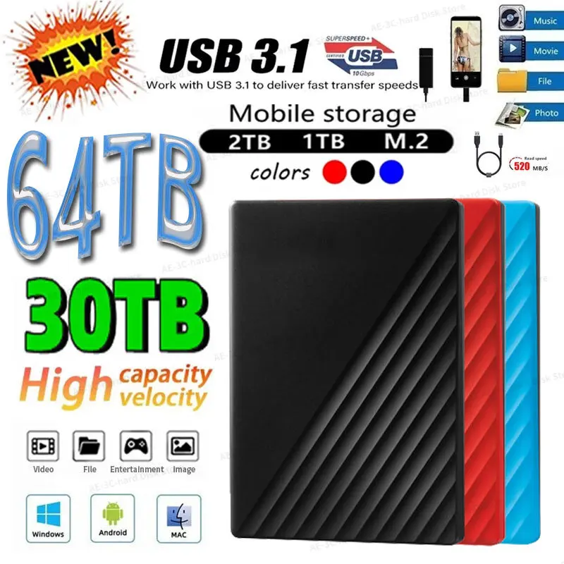 

2023 Original High-speed 64TB SSD Portable External Solid State Hard Drive USB3.1 Interface HDD Mobile Hard Drive For Laptop/mac