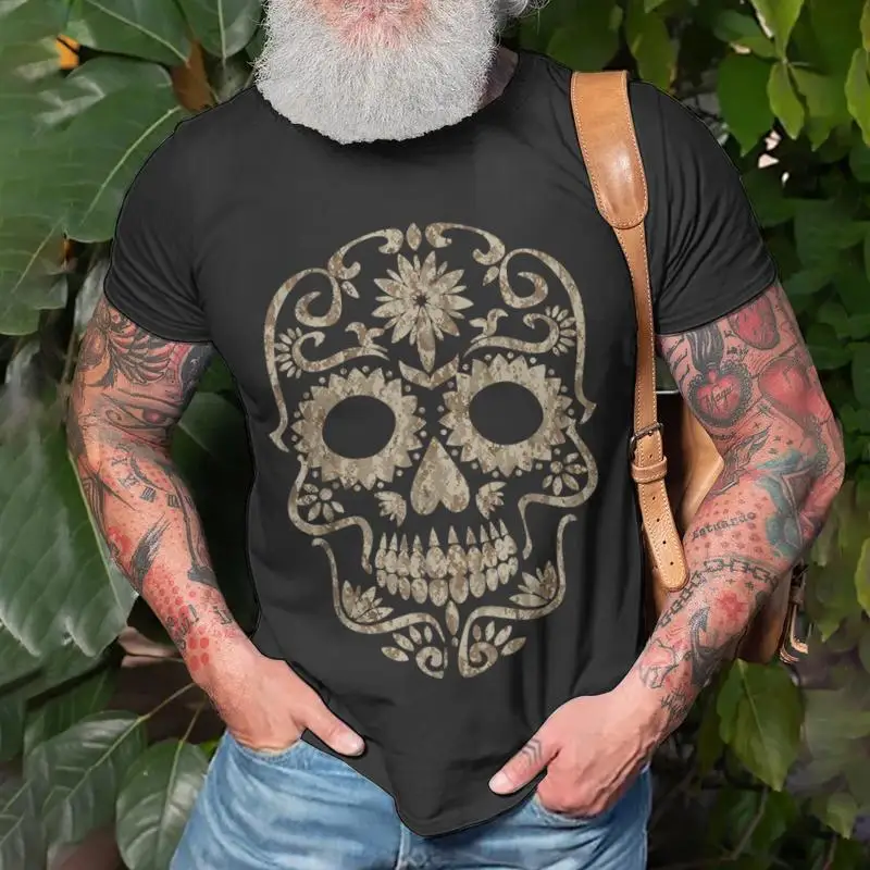 Фото Крутая камуфляжная футболка в пустыне Dia De Los Muertos с сахарным черепом, забавные костюмы, мужская одежда больших размеров большого размера №4