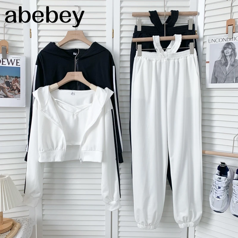 

Fashion hooded collar long sleeve short Hoodie + high waist wide leg strap Pants + Camisole 3-piece set 2021 New Autumn Winter