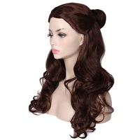 kyo women%e2%80%99s long wavy brown prestyled cosplay costume wig with detachable bun for belle beauty and the beast