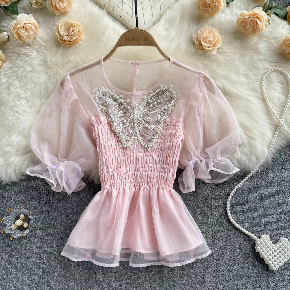 

2022 New French Chiffon Shirt Beaded Butterfly Waist Top women shirts tops