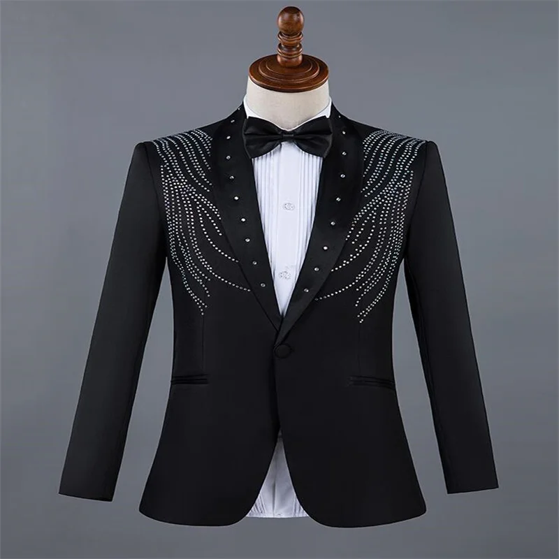 Personality Collar Diamonds Blazer Men Suit Set With Pants Wedding Costume Singer Stage Clothing Traje De Novio Hombre