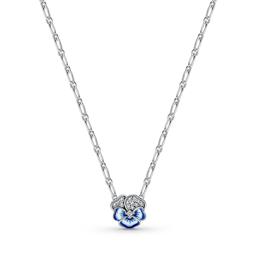 

Authentic 925 Sterling Silver Blue Pansy Flower Pendant Necklace For Women Bead Charm Diy Fashion Jewelry