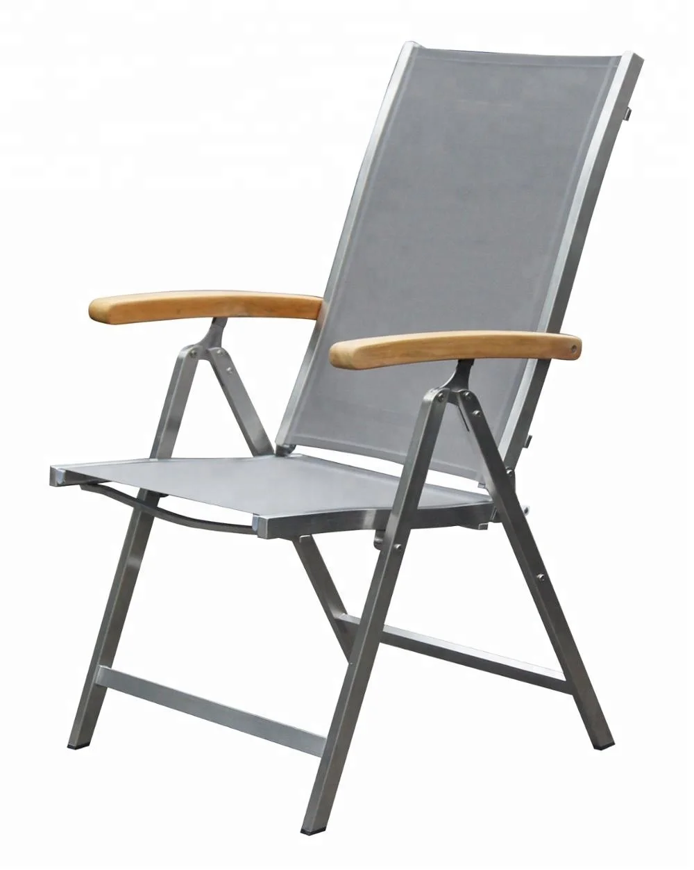 

Four position teak armrest stainless steel sling garden folding chair