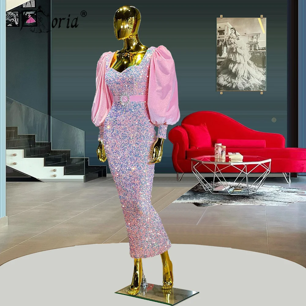 

Elegant Sweetheart Prom Dress Sparkly Sequined Velvet Formal Gowns Tea Length Lace African Pageant Gown sukienka koktajlowa