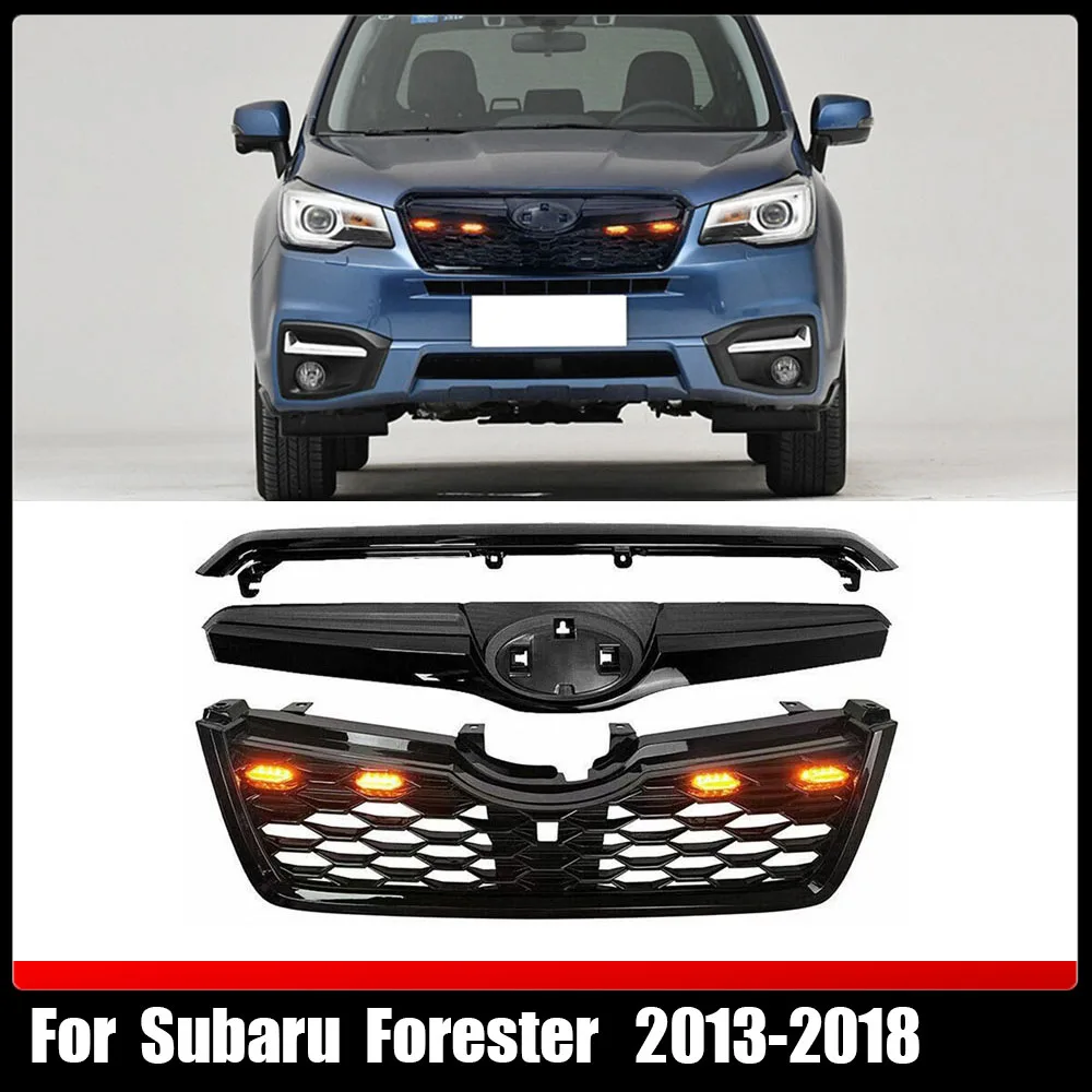 

For Subaru Forester 2013-2018 Gloss Black ABS Sti Style Front Grill Mesh Kit W. LED Lights Upper Bumper Grille Racing Grills