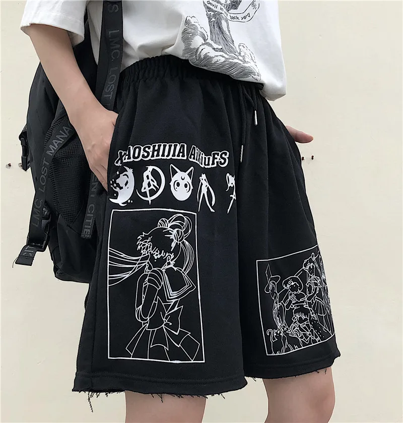2023 Letter Cartoon Sports and Leisure Loose Wild Student Was Thin High Waist Shorts Printed Elastic Waist Shorts Shorts Loose