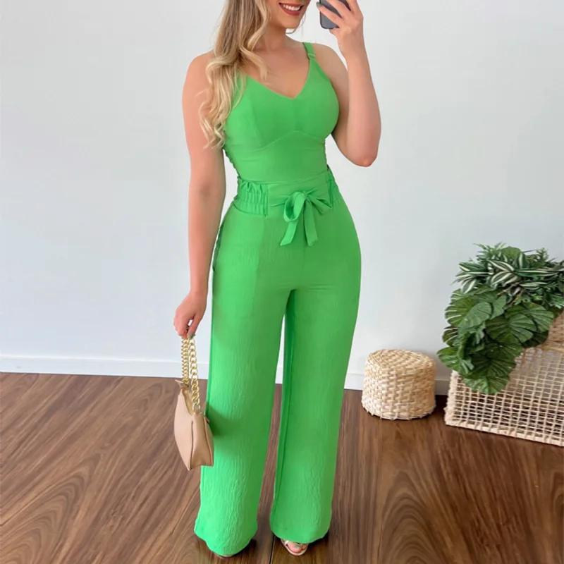 Women's Spring 2023 New V-neck Short Vest Tethered High Waist Patch Pocket Straight Pants Casual Suit