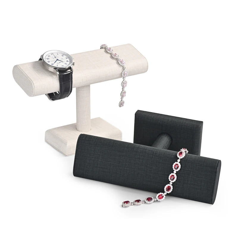 Oirlv Beige&Dark Green PU Leather T-Shape Watch Display Stand for Men and Women Watch Storage Rack Jewelry Organizer Holder