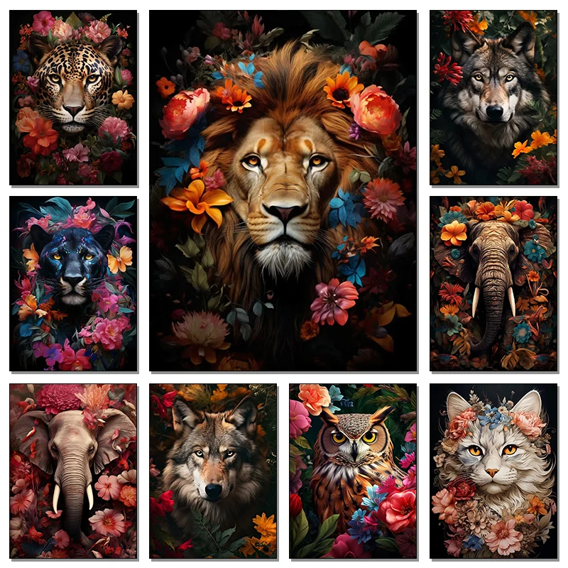Животные цветы листья Лев пантера слон волк постеры печатные картины на холсте