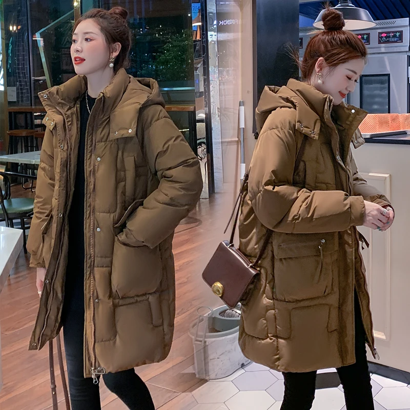 Korean Winter Women Mid-long Parkas Jackets Casual Pockets Thick Warm Hooded Loose Coat Female Winter Outwear Windproof Parkas