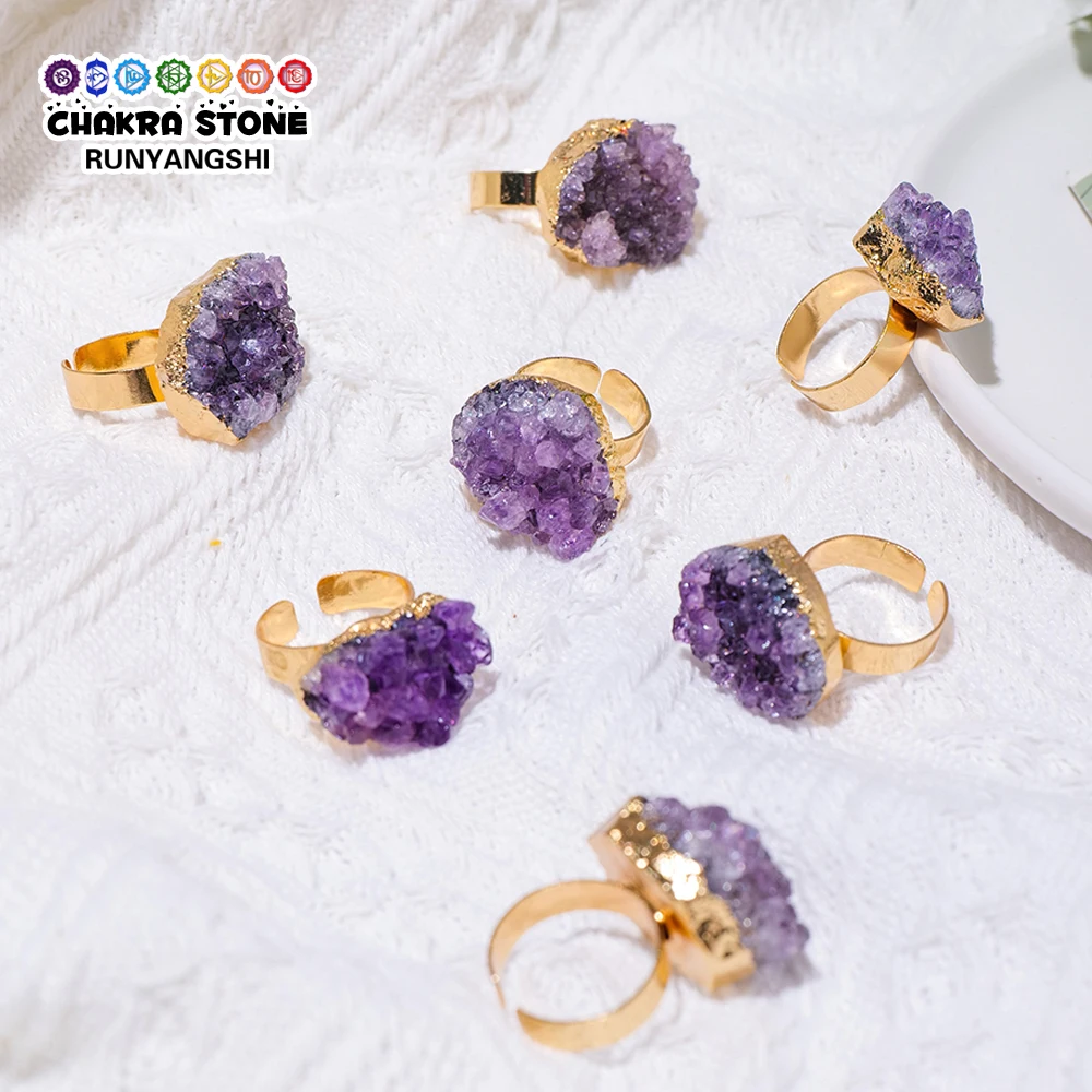 

Charms 1pc Natural Healing Amethyst Cluster Adjustable Ring Purple Crystal Finger Opening Rings Mineral Fashion Jewelry