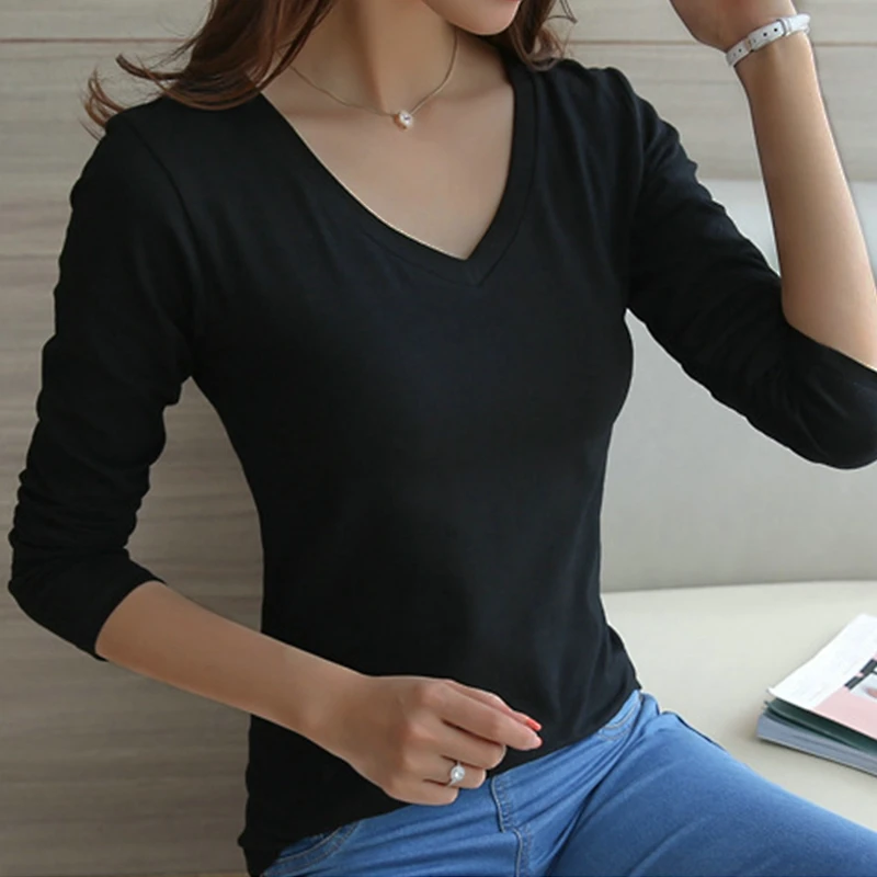 Женская Однотонная футболка с длинным рукавом круглым вырезом или V-образным -